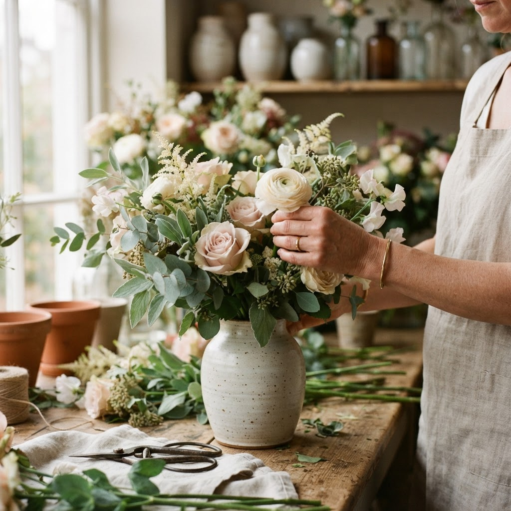 Florist arranging flowers by hand