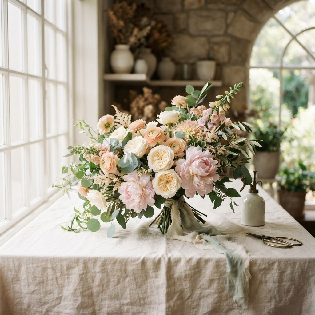 A hand-tied seasonal bouquet in soft blush and cream tones